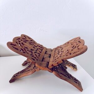 Vintage Floral Hand Carved Wood Folding Book Stand